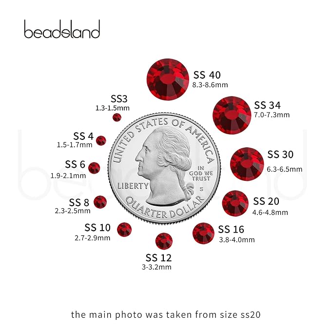 beadsland 1440 Piece Flat Back Crystal Rhinestones Round Gems,1.3mm-6.5mm,Dark Siam (SS20(4.6-4.8mm)( Open Box )
