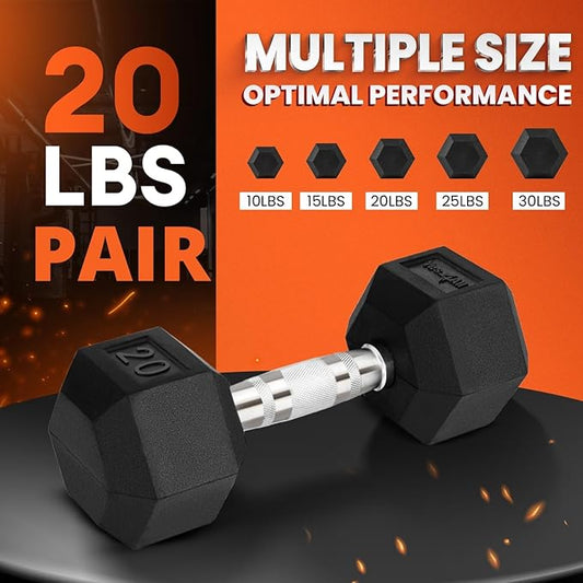 Yes4All Chrome/Rubber Grip Encased Hex Dumbbells – Hand Weights With Anti-Slip 20 LBS Pair