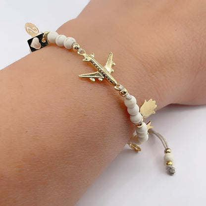 Delicate Travel Fans Bracelet Made with Natural Stones and Symbolyc Charms Special to Fly Lovers Adjustable for Women and Young Girls