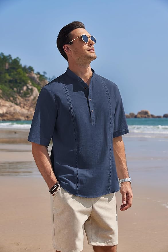 COOFANDY Men's Cotton Linen Henley Shirt Short Sleeve Hippie Casual Band Collar Summer Beach T-Shirts