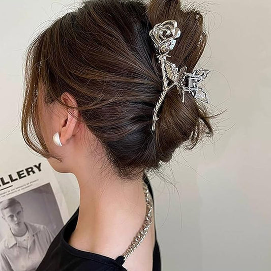 Elegant Rose Metal Non-Slip Hair Claw Clips for Thin and Thick Hair - Fashionable Flower Hair Accessories for Women and Girls (Silver Rose)