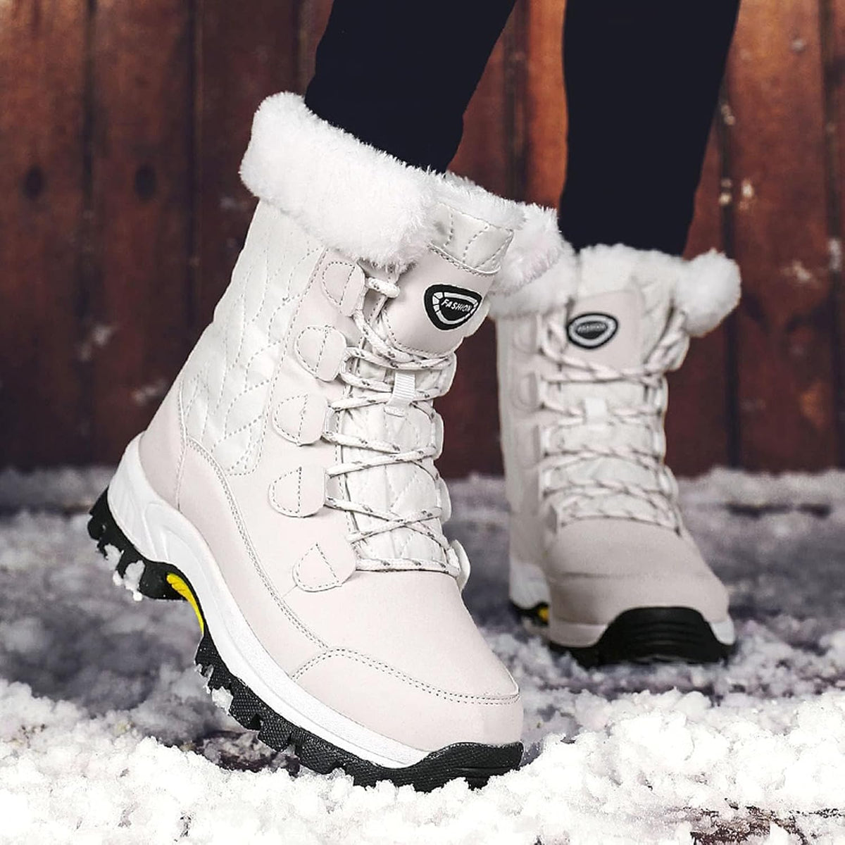 SACFOF Womens Snow Boots Winter Waterproof Warm Fur Lined Mid Calf Booties Lace Up Outdoor Anti-Slip Ankle Boots Walking Winter Shoes