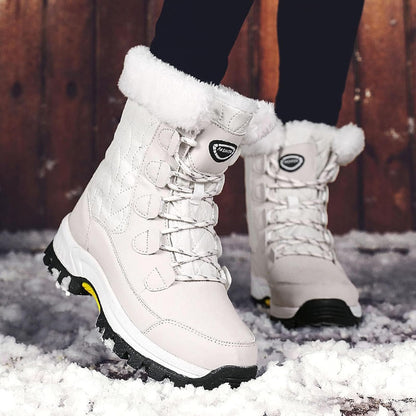 SACFOF Womens Snow Boots Winter Waterproof Warm Fur Lined Mid Calf Booties Lace Up Outdoor Anti-Slip Ankle Boots Walking Winter Shoes
