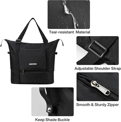 Hanke Expandable Foldable Travel Duffel Bag Collapsible Carry On Bag with Luggage Strap for Airplanes, Water Resistant Weekender Overnight Bag Fits for Men Women