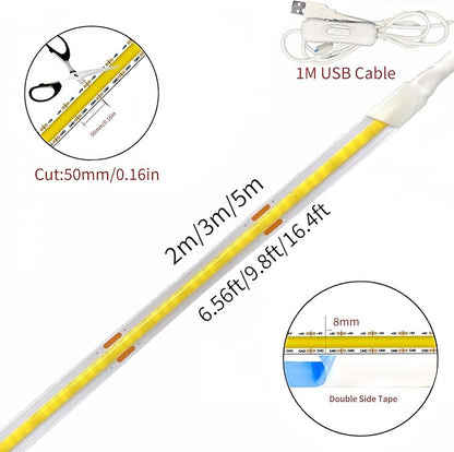 5V USB COB LED Strip Lights with Switch,6.56FT/2M,Cool White 6500K,320LEDs/M,8mm Width,Not Waterproof IP20,1M USB Cable,for DIY Home Indoor Decoration