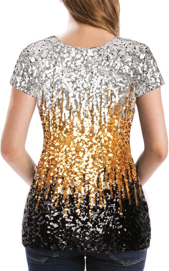 MANER Womens Full Sequin Tops Glitter Party Shirt Short Sleeve Sparkle Blouses S-4X