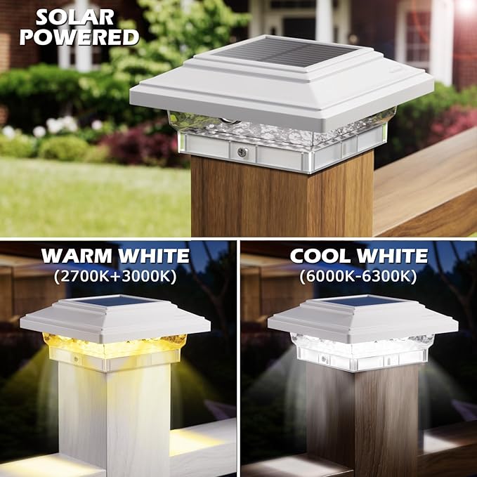 SIEDiNLAR 5.5x5.5 inch Solar Post Lights 50 Lumens 2 Modes, Post Caps Light Outdoor Waterproof for 5.5x5.5 Vinyl Wooden Posts, Deck Fence Garden Patio Decor, Warm/White Lighting (White,1 Pack)