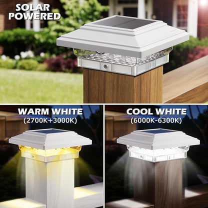 SIEDiNLAR 5.5x5.5 inch Solar Post Lights 50 Lumens 2 Modes, Post Caps Light Outdoor Waterproof for 5.5x5.5 Vinyl Wooden Posts, Deck Fence Garden Patio Decor, Warm/White Lighting (White,1 Pack)