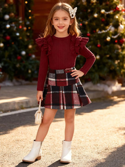 AMAWMW Girls Outfit Skirt Set Ribbed Knit Ruffle Sleeve Top Plaid Pleated Skirt Set Fall Winter Clothes