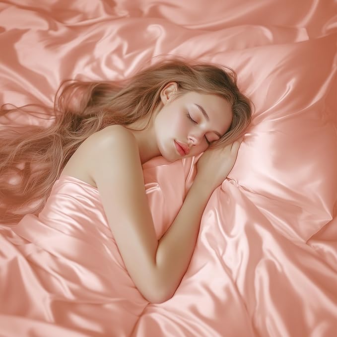 Love's cabin Satin Queen Sheet - 1 Piece Coral Silky Bed Sheet with Deep Pocket, Luxury Silk Feel Satin Queen Size Sheet (1 Flat Sheet)