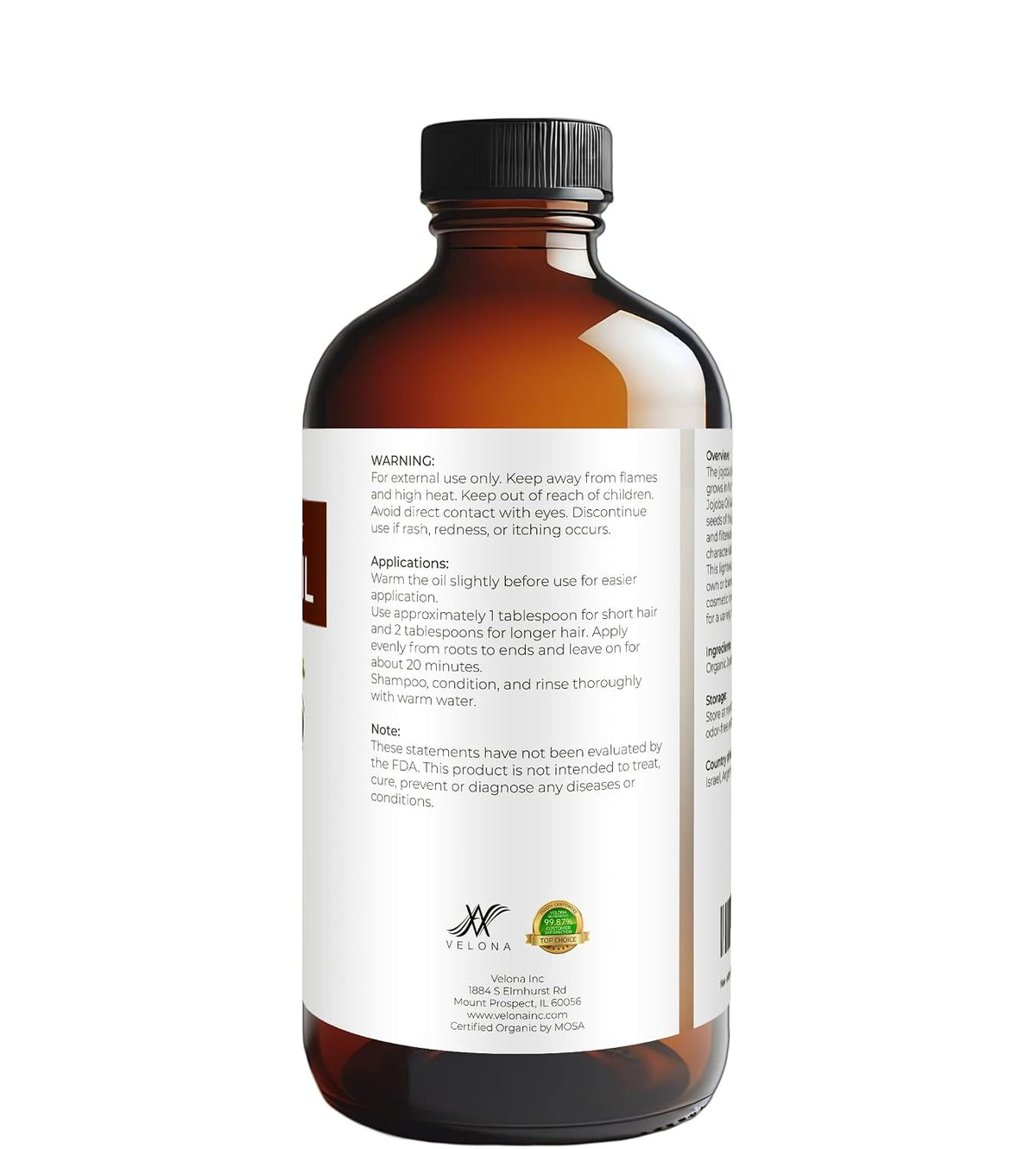 velona Jojoba Oil USDA Certified Organic - 16 Fl Oz in Glass Bottle | 100% Pure and Natural | Golden, Unrefined, Cold Pressed, Hexane Free | Moisturizing Face, Hair, Body, Skin Care