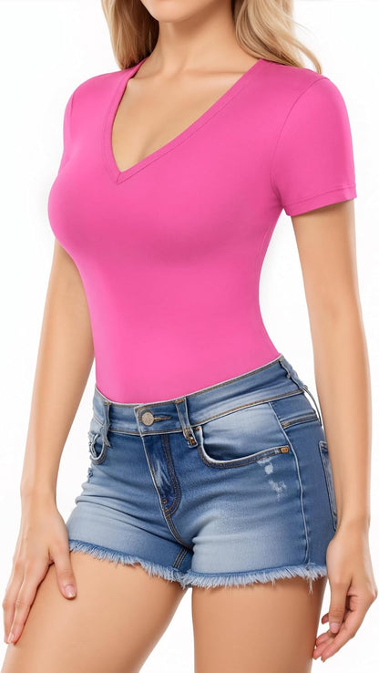 MANGOPOP Womens Deep V Neck Short Sleeve Slim Fit T Shirt Tops Tee