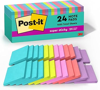 Post-it Super Sticky Notes, 3x3 in, 24 Pads, 2X The Sticking Power, Supernova Neons, Bright Colors, Recyclable(654-24SSMIA-CP)
