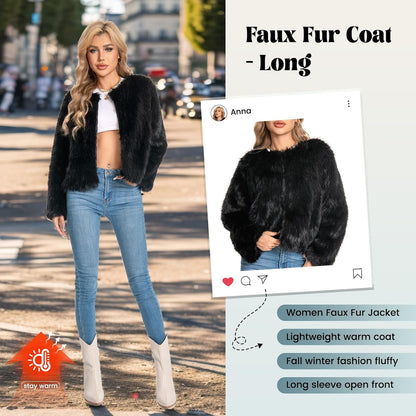 WELLATENT Fur Coats For Women, 2025 Plus Size Faux Fuzzy Jacket Fluffy Long Sleeve Winter Coat with Pockets.
