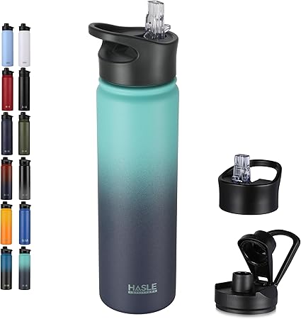 HASLE OUTFITTERS Insulated Water Bottle 22 oz Double Wall Stainless Steel Water Bottle Wide Mouth with Straw Lid  Spout Lid Keeps Cold or Hot(Green Blue Gradient,1)
