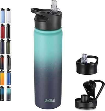 HASLE OUTFITTERS Insulated Water Bottle 22 oz Double Wall Stainless Steel Water Bottle Wide Mouth with Straw Lid  Spout Lid Keeps Cold or Hot(Green Blue Gradient,1)