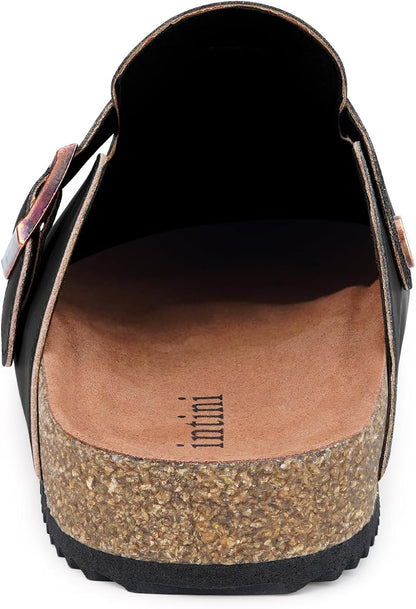 Womens Cork Footbed Clogs Mens PU Leather Mules with Arch Support Adjustable Buckle Comfort Slip On Potato Shoes Unisex Non-Slip Flat Sandals Indoor Outdoor