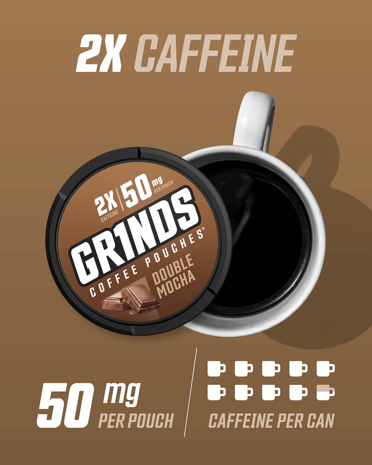Grinds Coffee Pouches | Double Mocha Flavor | 3 Cans | Brew-Free Coffee Alternative | 18 Pouches Per Can