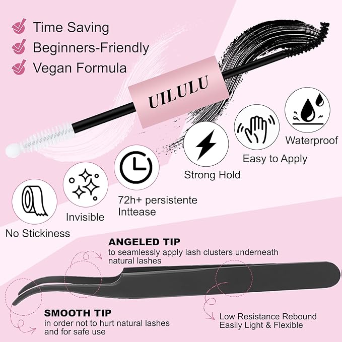 DIY Lash Extension Kit 280pcs Individual Lashes Clusters D Curl Lash Clusters, Lash Kit with Lash Bond and Seal, Remover, Lash Tweezers (30D40D-0.07D-9-16MM Kit)