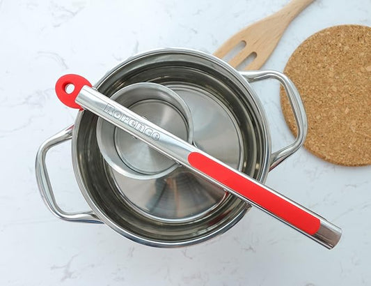 Rorence Stainless Steel Potato Ricer: 15 Oz Potato Masher with 3 Interchangeable Discs & Inner Cup & Silicone Grip Handles - Red