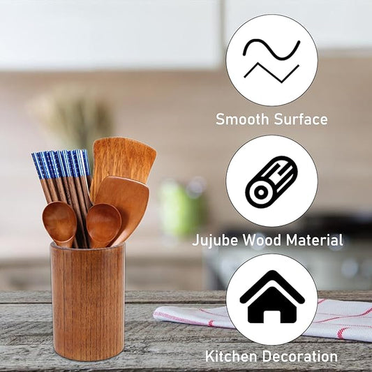 Wooden Utensil Holder, Utensil Holders for Kitchen Counter, Multifunctional Storage Bucket Kitchen Chopsticks Organizer, Wood Cooking Utensil Holder for Countertop, Spoons, Cooking Tools