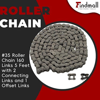 #35 Roller Chain 160 Links 5 Feet with 2 Connecting Links and 1 Offset Links Fit for Go Kart and Mini Bike