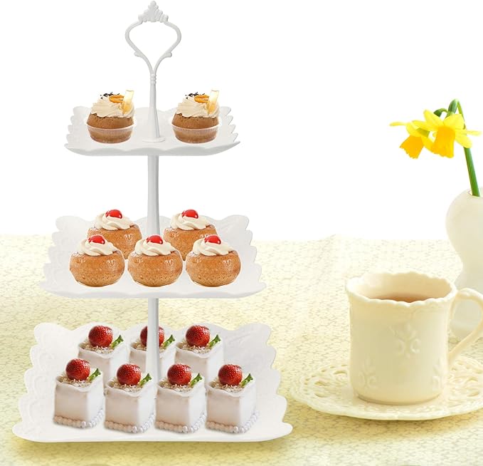 Coitak 3 Tier Cupcake Stand, Plastic Tiered Serving Stand, Square Dessert Tray for Tea Party, Baby Shower and Wedding (Pure White)