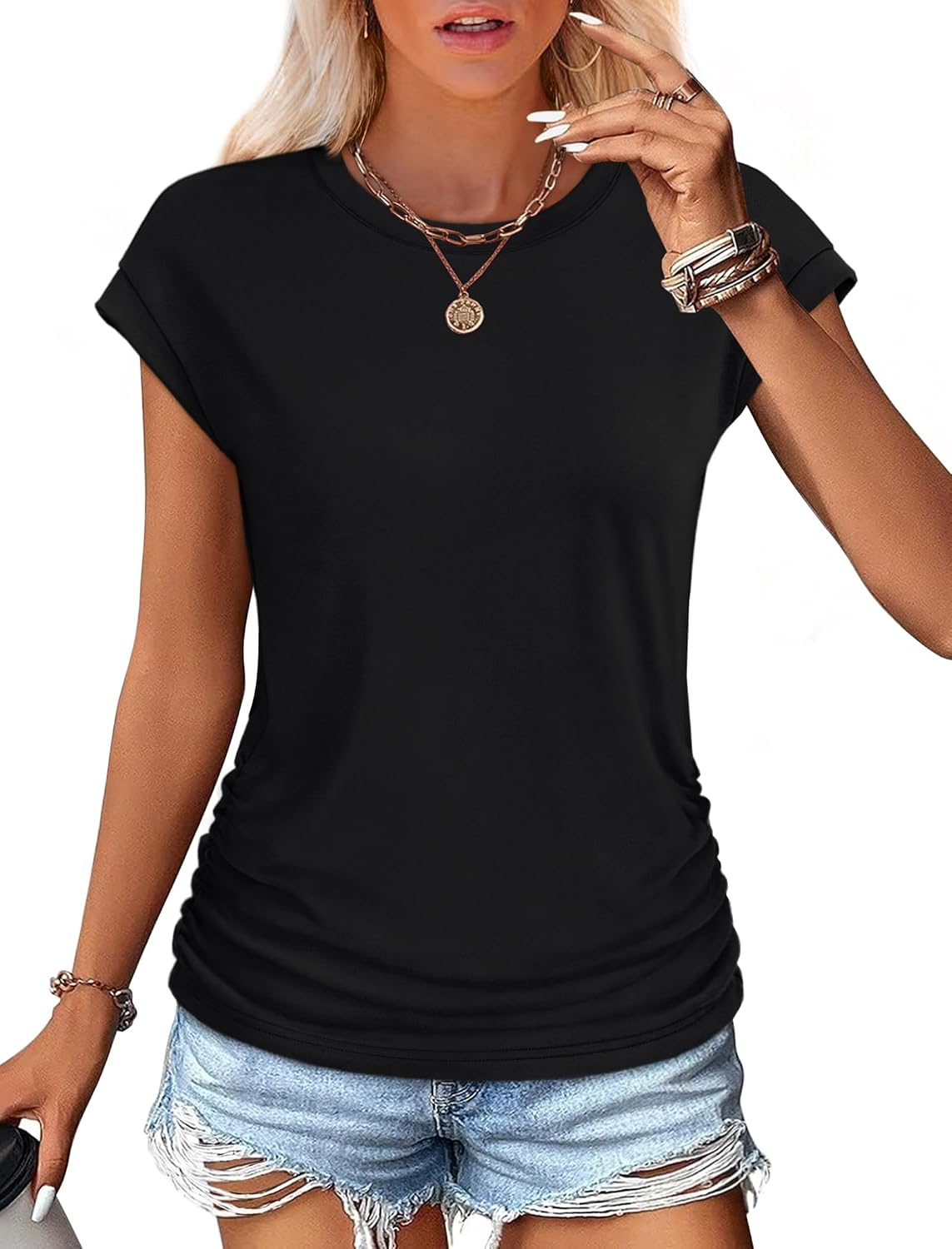 SAMPEEL Womens Summer Tops Trendy 2025 Ruched Cap Short Sleeve Tshirts Shirts Crew Neck T Shirts Fashion.