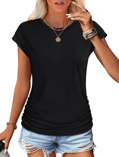 SAMPEEL Womens Summer Tops Trendy 2025 Ruched Cap Short Sleeve Tshirts Shirts Crew Neck T Shirts Fashion.