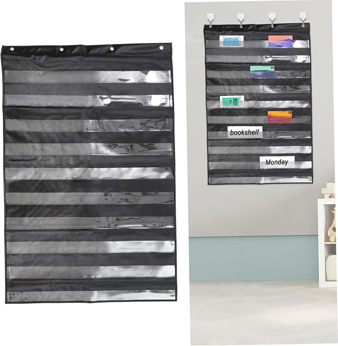 1pc Teaching Hanging Bag Hanging File Organizer Monitor Stationery Door Storage Organizer Pouches Mini Classroom Cell Phone Holder Service Training Foldable Charts Black Polyester