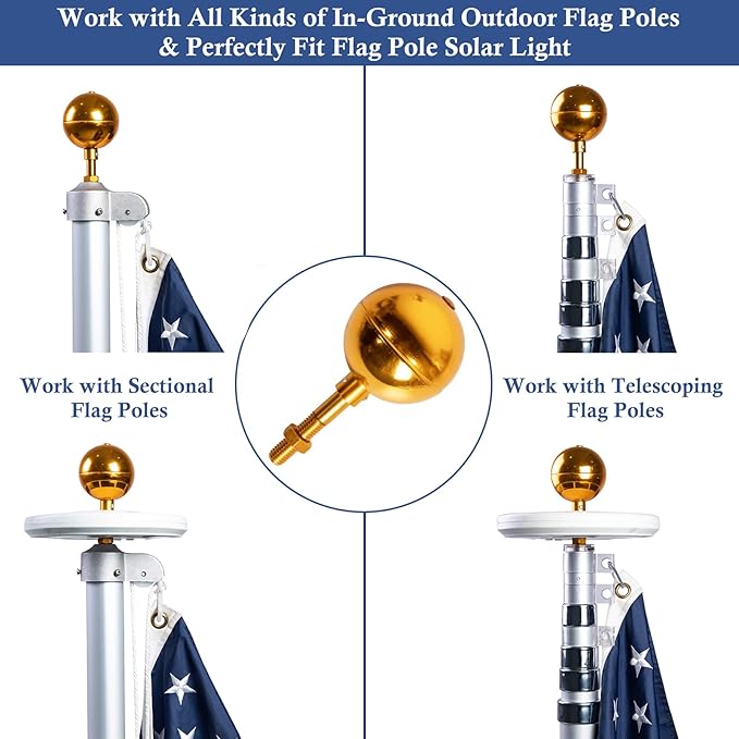 NQ Flag Pole Ball Topper Ornament - Flagpole Top Replacement, Gold Aluminum Anodized Finish - 12"-13UNC Threading Fit Most USA Flag Pole,Truck  Solar Light (3", Gold)