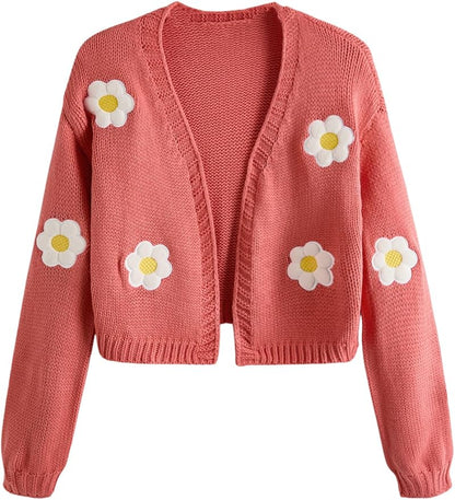 MakeMeChic Women's 3D Floral Cardigan Sweaters Open Front Cropped Cute Cardigan Lantern Sleeve Outerwear