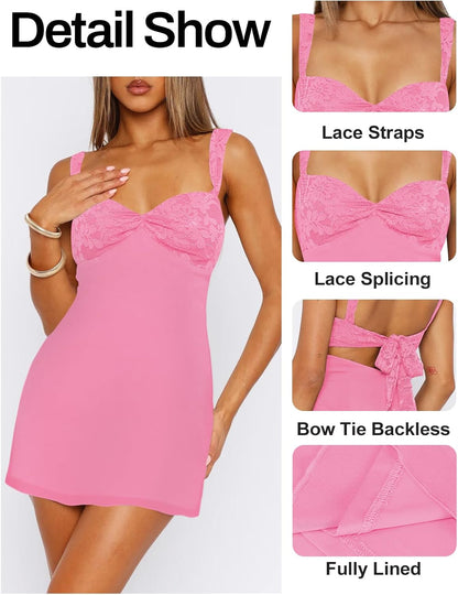Women's Summer Mini Dresses Sleeveless Sexy Square Neck Lace Splicing Cocktail Party Straps Bodycon Dress.