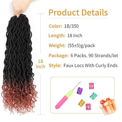 Goddess Locs Crochet Hair 18 Inch 6 Packs Faux Locs Crochet Hair For Black Women Ombre Faux Locs With Curly Ends Prelooped Crochet Hair Extensions(1B350, 18 Inch, 6 Packs)