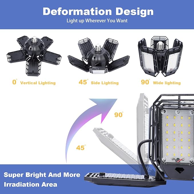2 Pack LED Garage Light, 150W Ultra Bright Shop Light with 5 Adjustable Panels,15000LM 6500K E26E27 Deformable Ceiling Lights for Garage, Workshop
