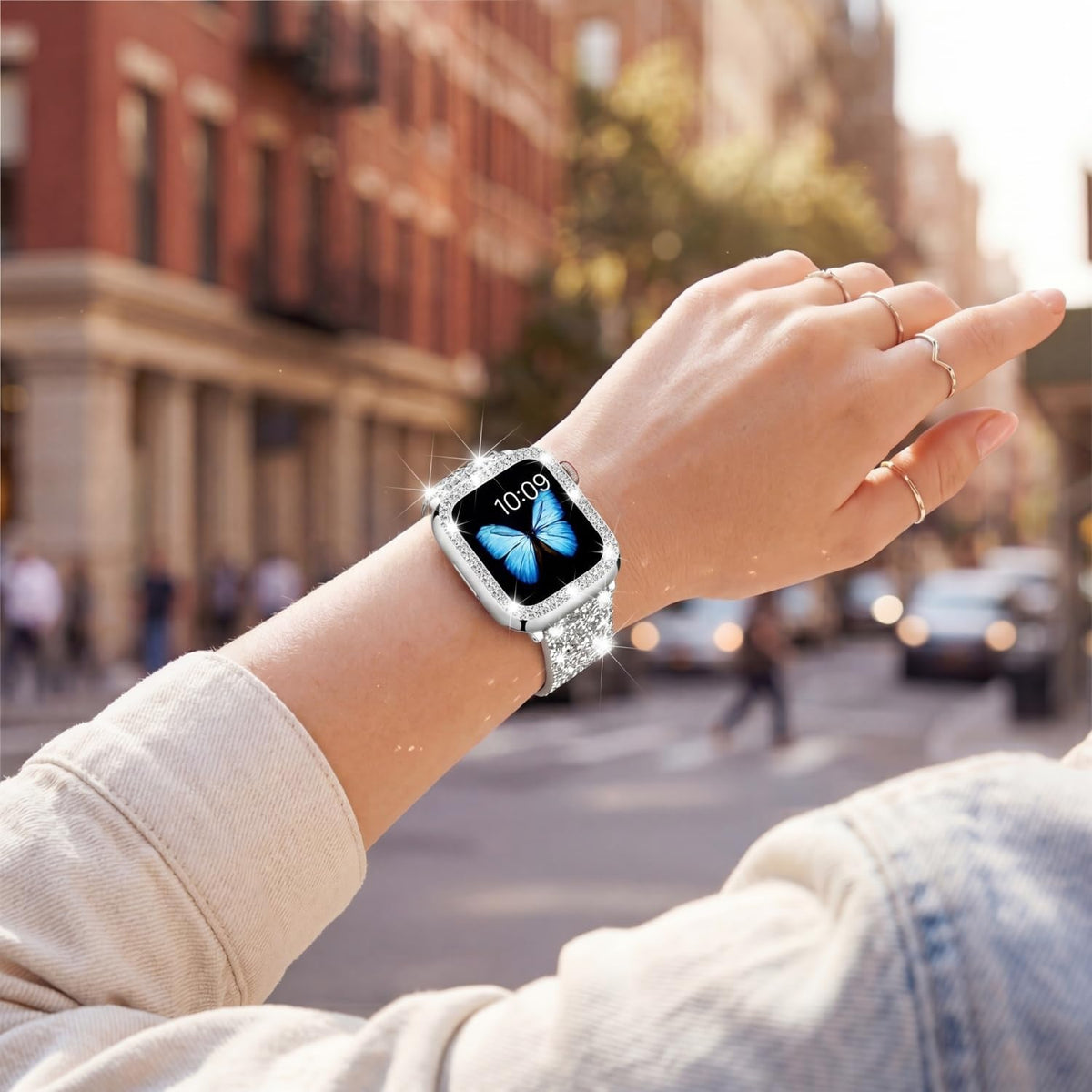 Compatible For Apple Watch Band with Bling Diamond Case 38mm 40mm 41mm 42mm 44mm 45mm 46mm 49mm Ultra 3/2/1, Women Glitter Sparkle Bands For iWatch Band Series 11 10 9 8 7 6 5 4 3 2 1 & SE3 SE2 SE