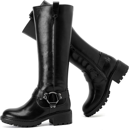 Ruiee Knee High Boots for Women Comfort Stylish Casual Round Toe Tall Riding Combat Boot Classic Fashion Fall Winter Knee-High Flat Boots.