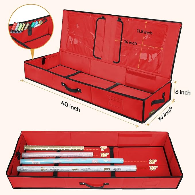 BALEINE Wrapping Paper Storage Organizer, 40" Durable 600D Oxford Fabric Gift Wrap Storage Bag with Flexible Partitions for Ribbon, Holiday Accessories (Red)