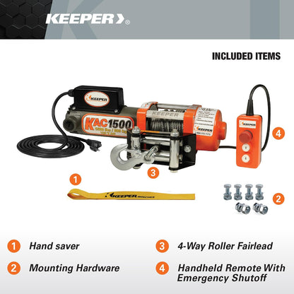 KEEPER Electric Winch 110/120V AC with Remote, Hand Held Control, 1500 lb. Capacity, AC Power, ATV, Truck, SUVs, Large Vehicles, Trailer Winch (Does not include clevis hook)