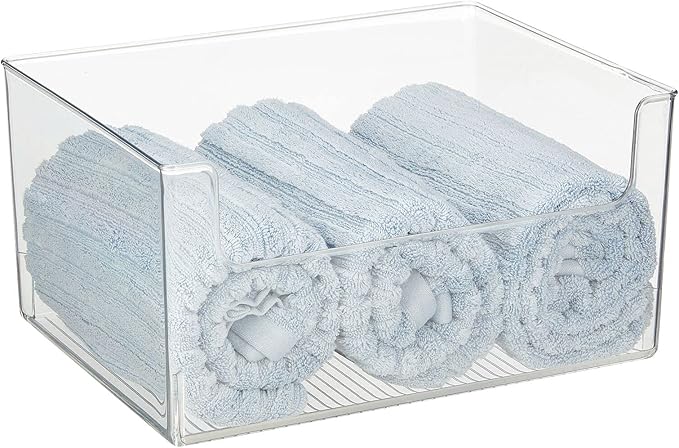 mDesign Large Modern Plastic Open Front Dip Storage Organizer Bin Basket for Bathroom Organization - Vanity Shelf, Cubby, Cabinet, and Closet Organizing Decor - Ligne Collection - 4 Pack - Clear