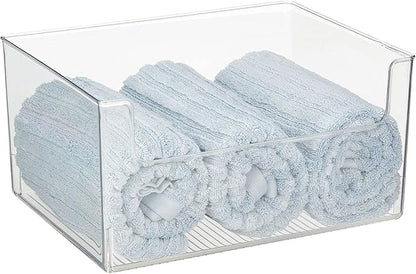 mDesign Large Modern Plastic Open Front Dip Storage Organizer Bin Basket for Bathroom Organization - Vanity Shelf, Cubby, Cabinet, and Closet Organizing Decor - Ligne Collection - 4 Pack - Clear