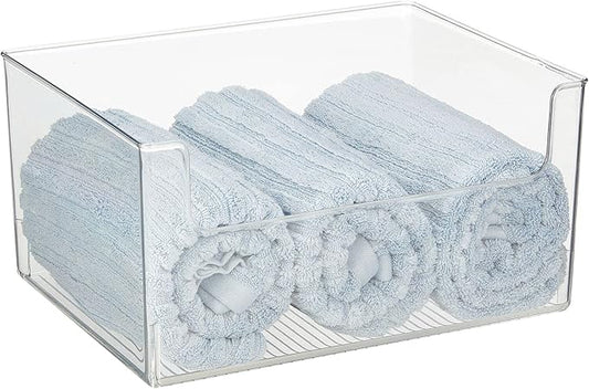mDesign Large Modern Plastic Open Front Dip Storage Organizer Bin Basket for Bathroom Organization - Vanity Shelf, Cubby, Cabinet, and Closet Organizing Decor - Ligne Collection - 4 Pack - Clear