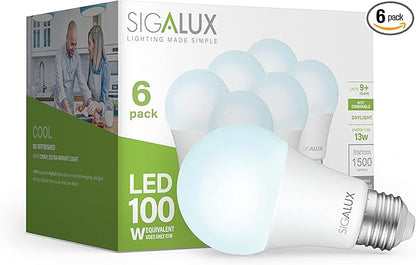 Sigalux Light Bulbs 100 Watt Equivalent LED Bulbs, A19 Daylight Standard Light Bulbs 5000K White,Non-Dimmable 13W Energy Efficient Light Bulbs with E26 Medium Base,1500LM,UL Listed,6 Pack