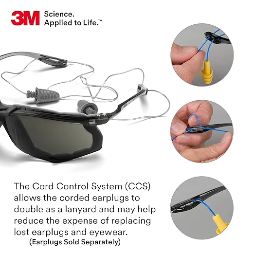 3M Safety Glasses 11873-00000-20, Virtua CCS, ANSI Z87, Anti-Fog, Gray Lens, Black Frame, Corded Ear Plug Control System, Removable Foam Gasket