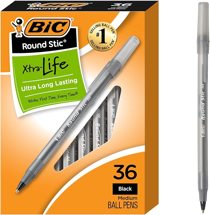 BIC Round Stic Xtra Life Ball Point Pen; Black; 36 Pack