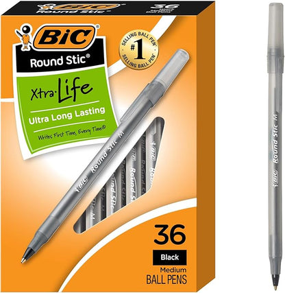 BIC Round Stic Xtra Life Ball Point Pen; Black; 36 Pack