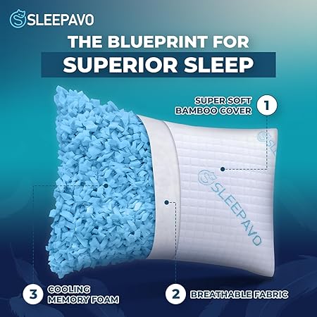 Adjustable Shredded Memory Foam Pillow Queen Size - Soft or Firm Rayon Derived from Bamboo Pillow for Side Sleeper, Stomach  Back - Cold Cooling Gel Bed Pillow for Sleeping Premium Comfortable Pillow