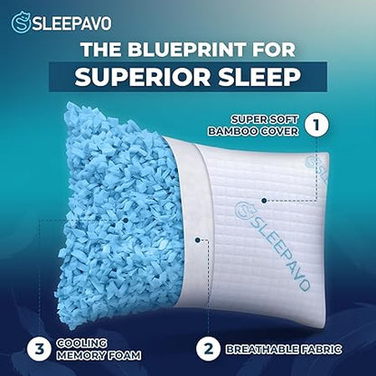 Adjustable Shredded Memory Foam Pillow Queen Size - Soft or Firm Rayon Derived from Bamboo Pillow for Side Sleeper, Stomach  Back - Cold Cooling Gel Bed Pillow for Sleeping Premium Comfortable Pillow