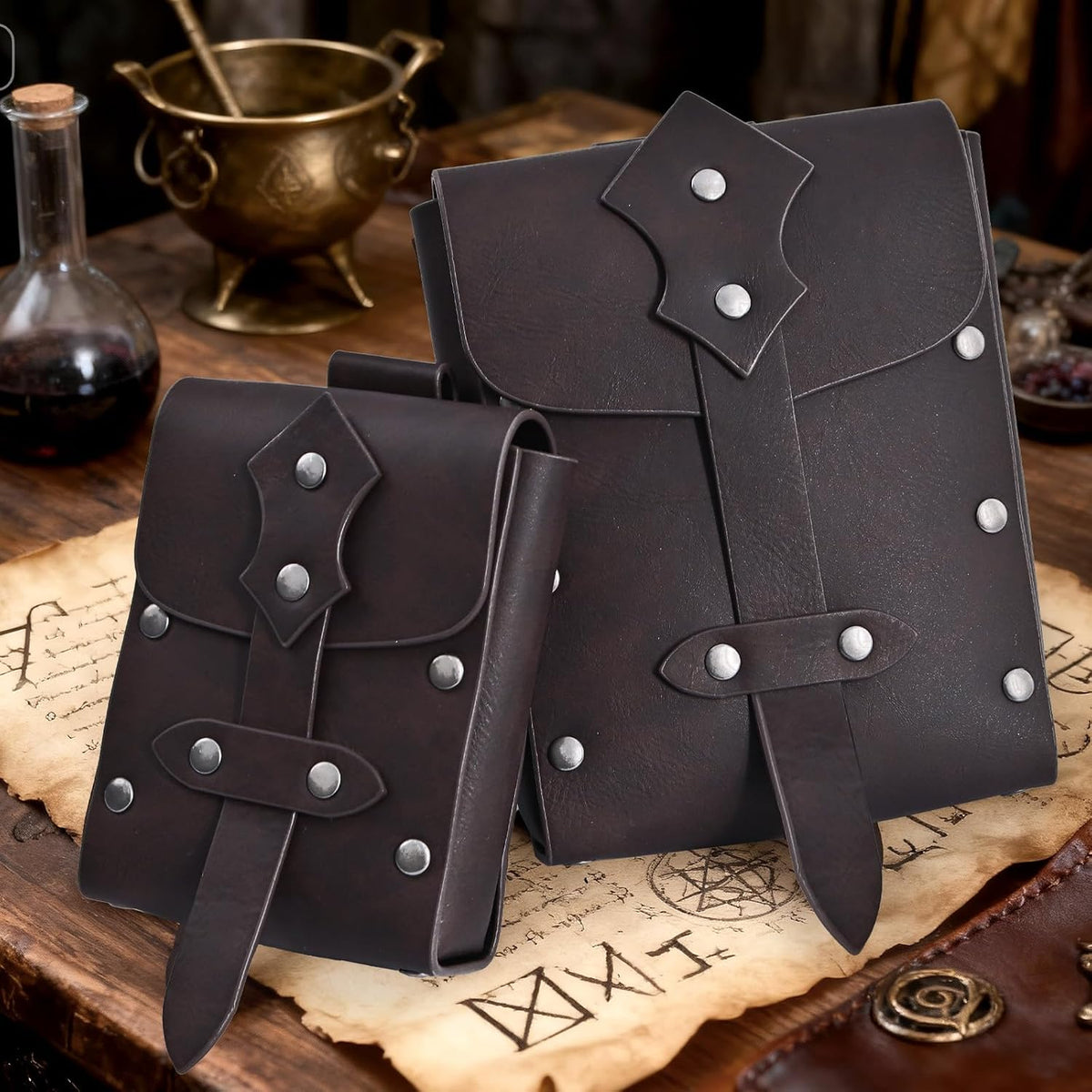 Renaissance Medieval Alchemy Belt Set - 4PCs Renaissance Accessories for Cosplay, LARP, Halloween & Renaissance Fairs (Brown)