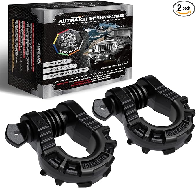 AUTMATCH D Ring Shackles 34" Mega Shackle (2 Pack) 68,000Ibs Break Strength - Clevis Shackle 78" Screw Pin, D Shackle IsolatorWasher Kit for Tow Strap Winch Off Road Vehicle Recovery, Frosted Black
